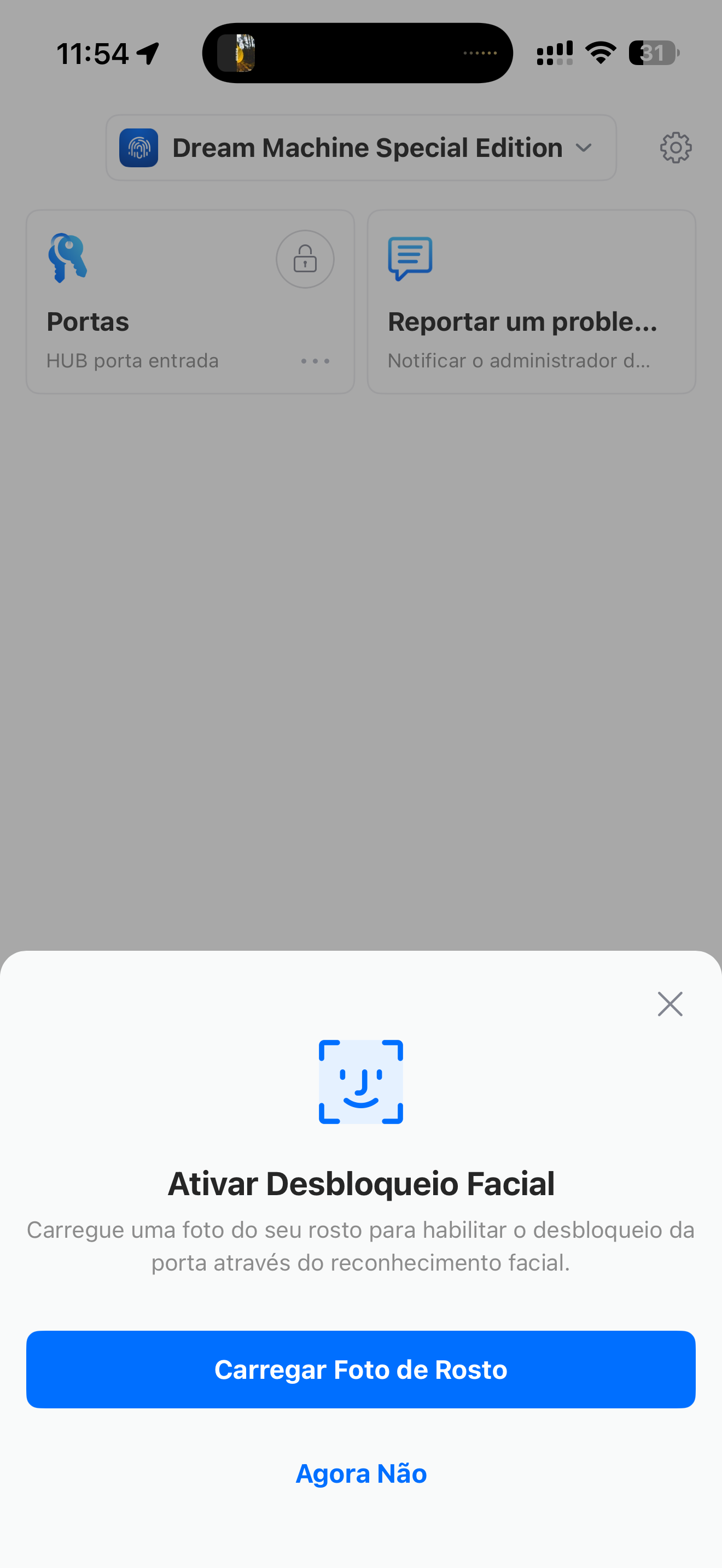 App main screen with Doors card and Activate Facial Unlock modal